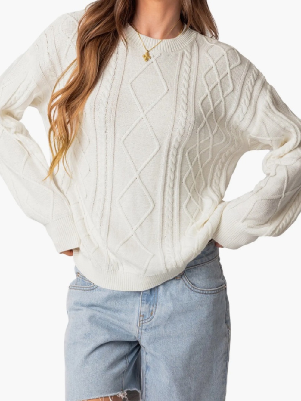 Edikted White Jessy Oversized Cable Knit Cotton Sweater XL Cozy Winter
